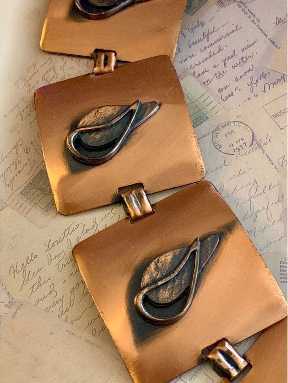 Vintage Copper Leaf Motif Link Bracelet Retro Square